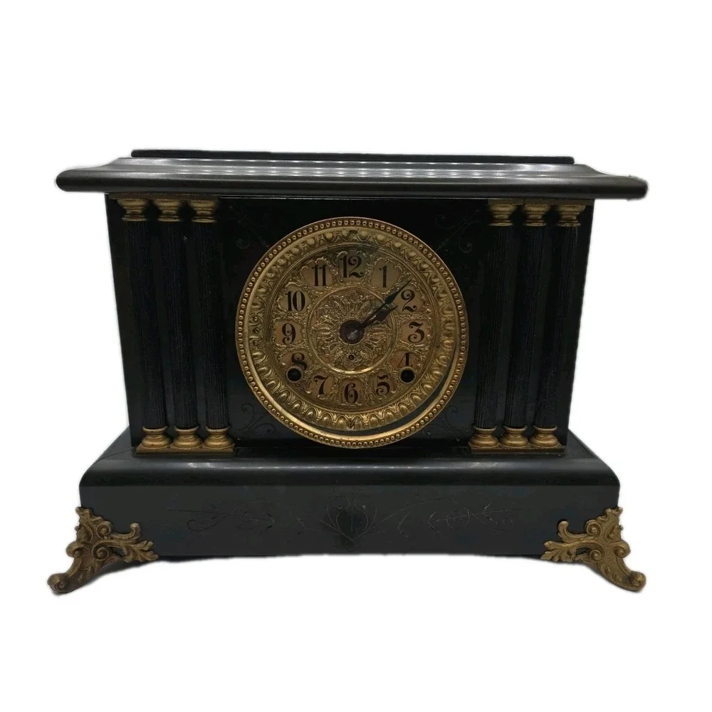 Antique Seth Thomas Black Adamantine 6 Pillar Mantle Clock Lions Head 1880s READ